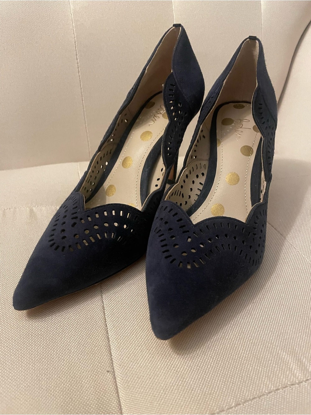 Boden Navy Suede Laser-Cut Pointed Pumps